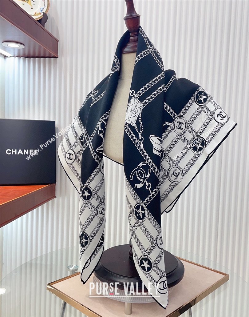 Chanel Chain Quilted Silk Square Scarf 90x90cm Black/White 2025 (SHI-250319099)