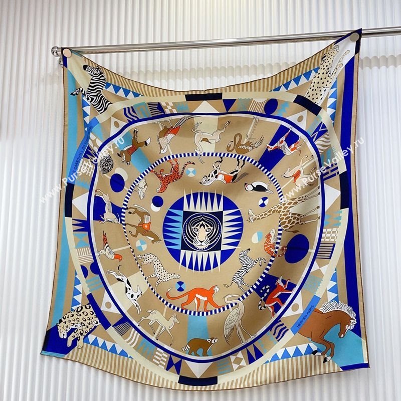 Hermes Le Carrousel du Tigre Royal Silk Square Scarf 90x90cm Beige 2025 (SHI-250319078)