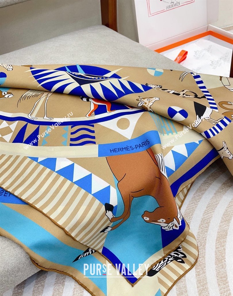 Hermes Le Carrousel du Tigre Royal Silk Square Scarf 90x90cm Beige 2025 (SHI-250319078)