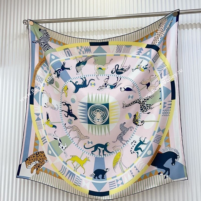 Hermes Le Carrousel du Tigre Royal Silk Square Scarf 90x90cm Light Pink 2025 (SHI-250319079)