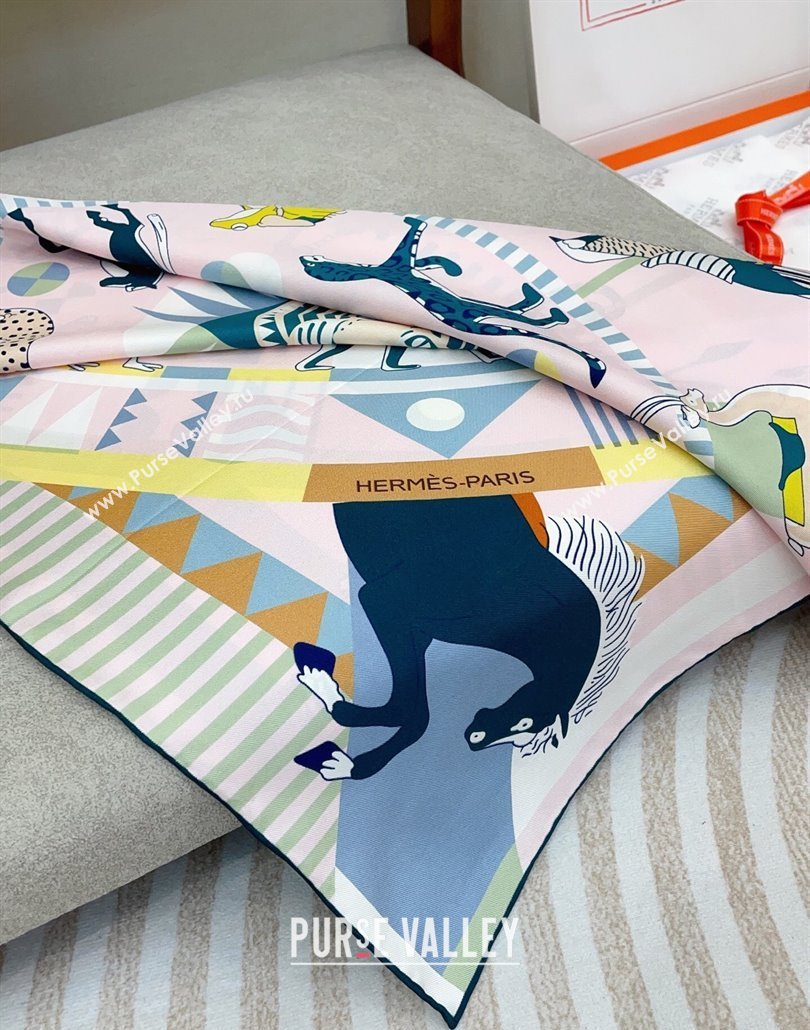 Hermes Le Carrousel du Tigre Royal Silk Square Scarf 90x90cm Light Pink 2025 (SHI-250319079)