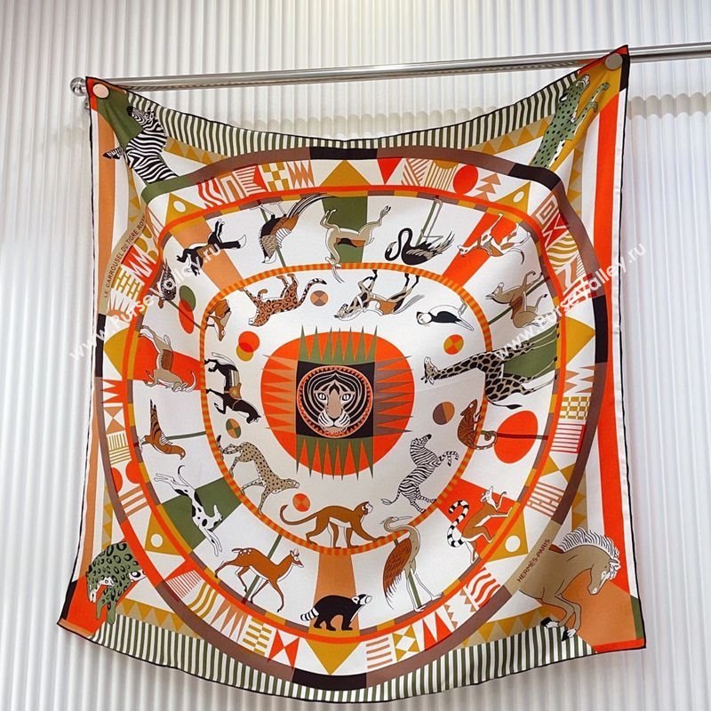 Hermes Le Carrousel du Tigre Royal Silk Square Scarf 90x90cm Orange 2025 (SHI-250319080)