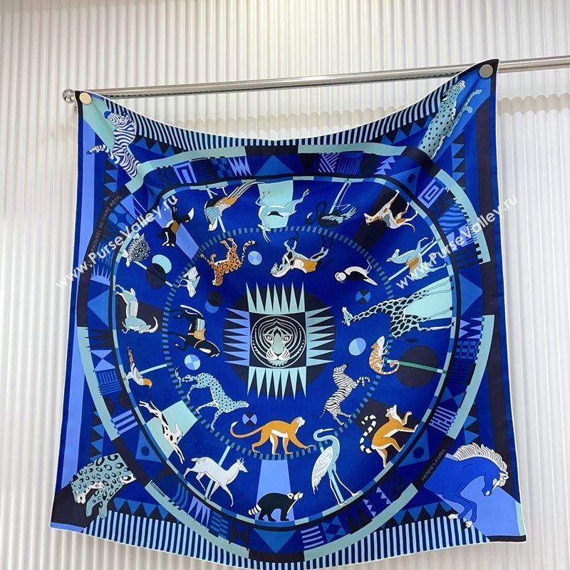 Hermes Le Carrousel du Tigre Royal Silk Square Scarf 90x90cm Blue2 2025 (SHI-250319081)