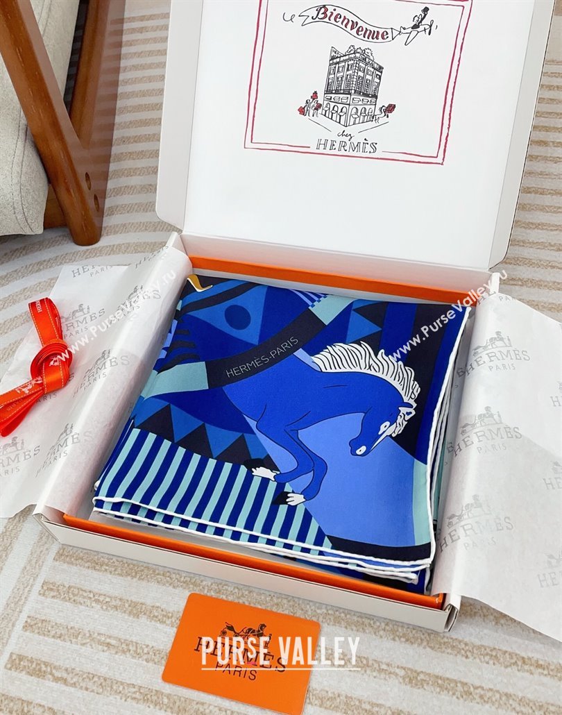 Hermes Le Carrousel du Tigre Royal Silk Square Scarf 90x90cm Blue2 2025 (SHI-250319081)