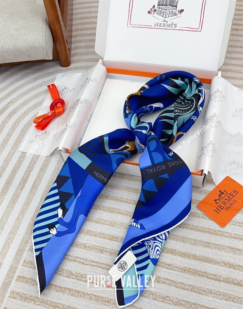 Hermes Le Carrousel du Tigre Royal Silk Square Scarf 90x90cm Blue2 2025 (SHI-250319081)