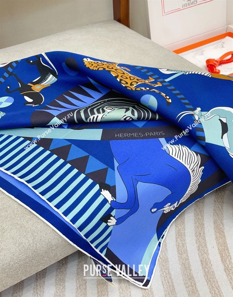 Hermes Le Carrousel du Tigre Royal Silk Square Scarf 90x90cm Blue2 2025 (SHI-250319081)