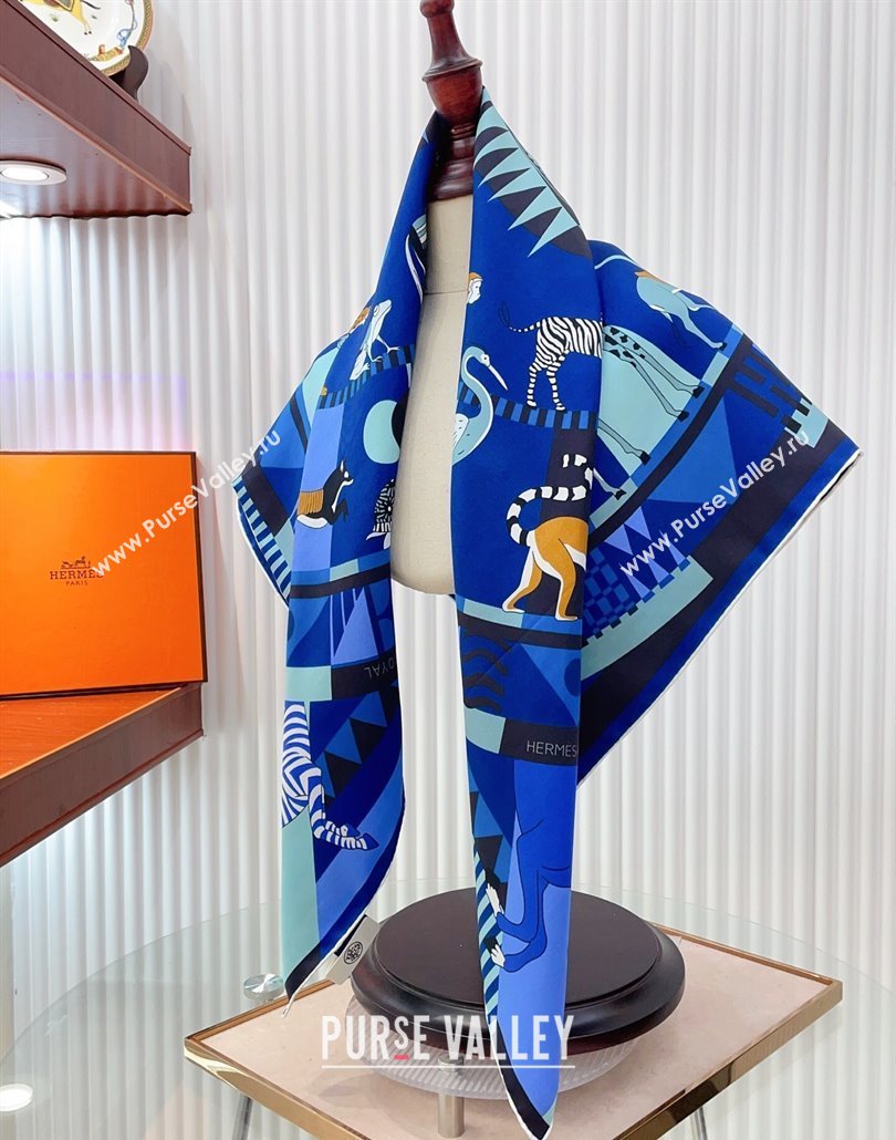 Hermes Le Carrousel du Tigre Royal Silk Square Scarf 90x90cm Blue2 2025 (SHI-250319081)