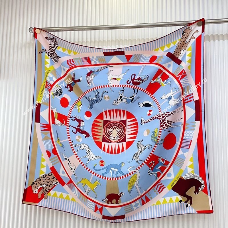 Hermes Le Carrousel du Tigre Royal Silk Square Scarf 90x90cm Light Blue 2025 (SHI-250319082)