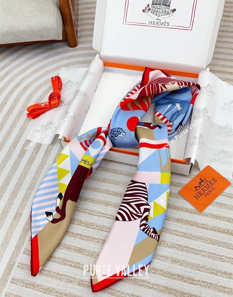 Hermes Le Carrousel du Tigre Royal Silk Square Scarf 90x90cm Light Blue 2025 (SHI-250319082)