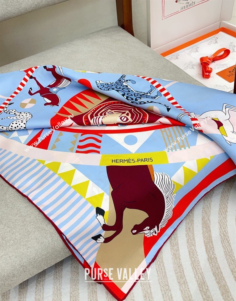Hermes Le Carrousel du Tigre Royal Silk Square Scarf 90x90cm Light Blue 2025 (SHI-250319082)