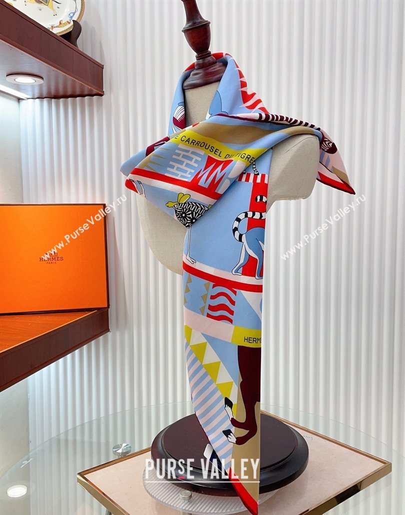 Hermes Le Carrousel du Tigre Royal Silk Square Scarf 90x90cm Light Blue 2025 (SHI-250319082)