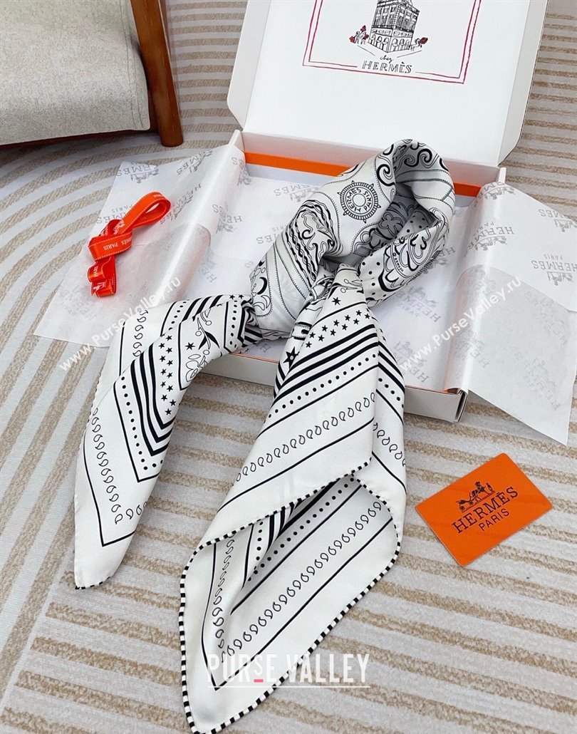Hermes Festival des Amazones Bandana Silk Square Scarf 90x90cm White 2025 (SHI-250319088)