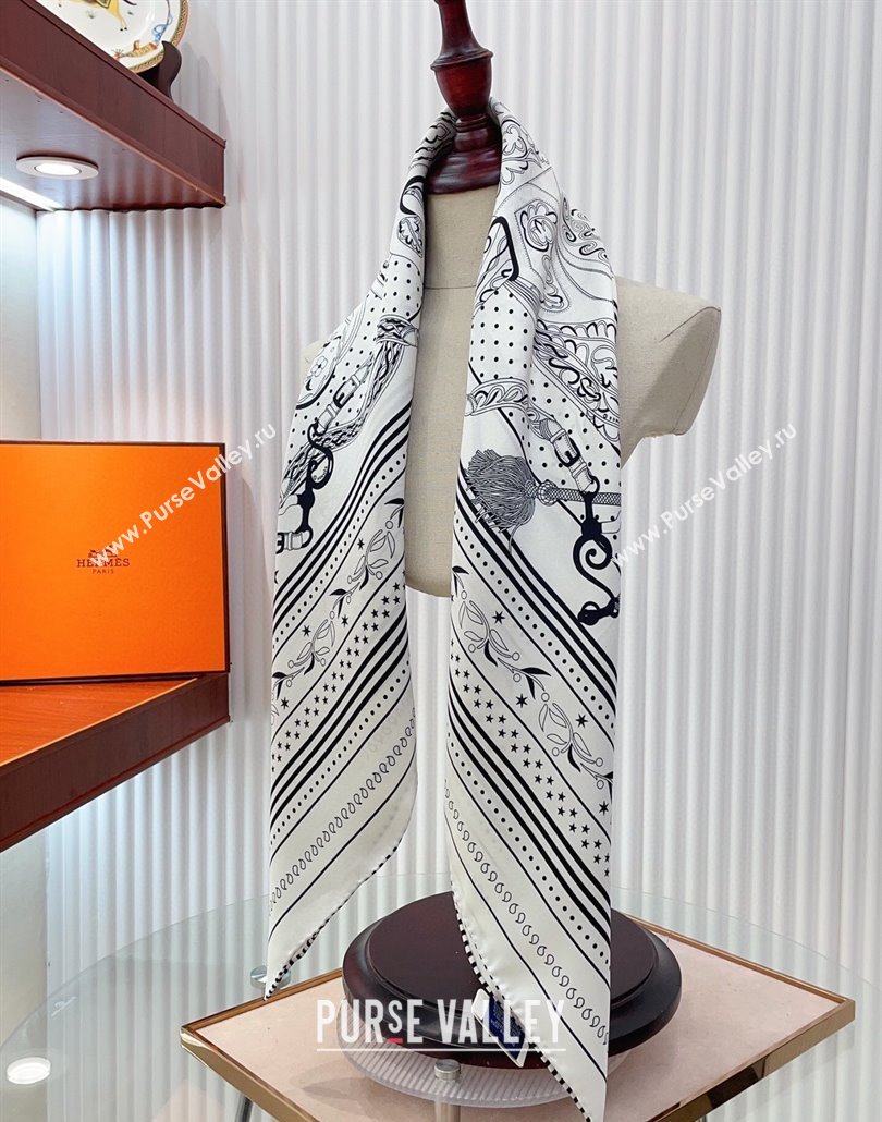 Hermes Festival des Amazones Bandana Silk Square Scarf 90x90cm White 2025 (SHI-250319088)
