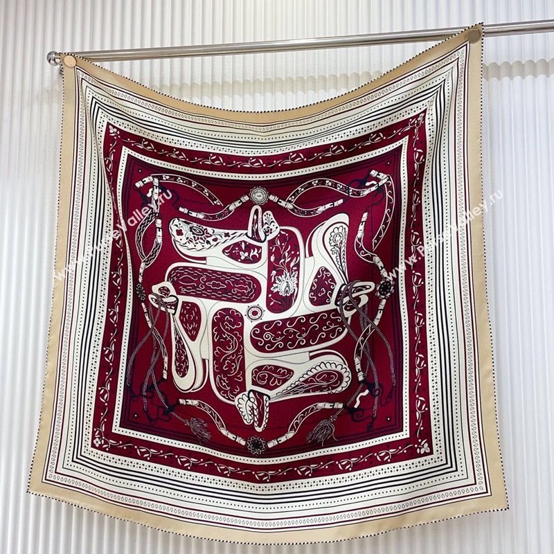 Hermes Festival des Amazones Bandana Silk Square Scarf 90x90cm Burgundy 2025 (SHI-250319089)