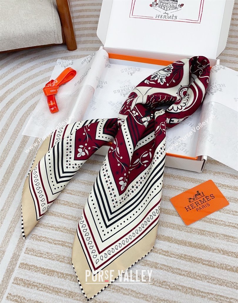 Hermes Festival des Amazones Bandana Silk Square Scarf 90x90cm Burgundy 2025 (SHI-250319089)