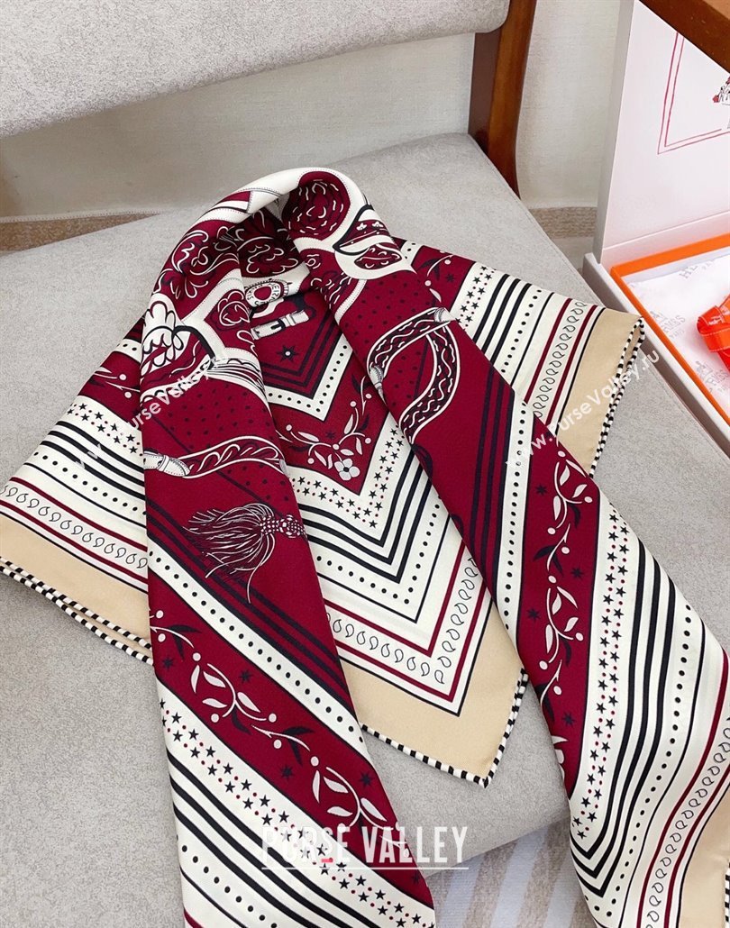 Hermes Festival des Amazones Bandana Silk Square Scarf 90x90cm Burgundy 2025 (SHI-250319089)