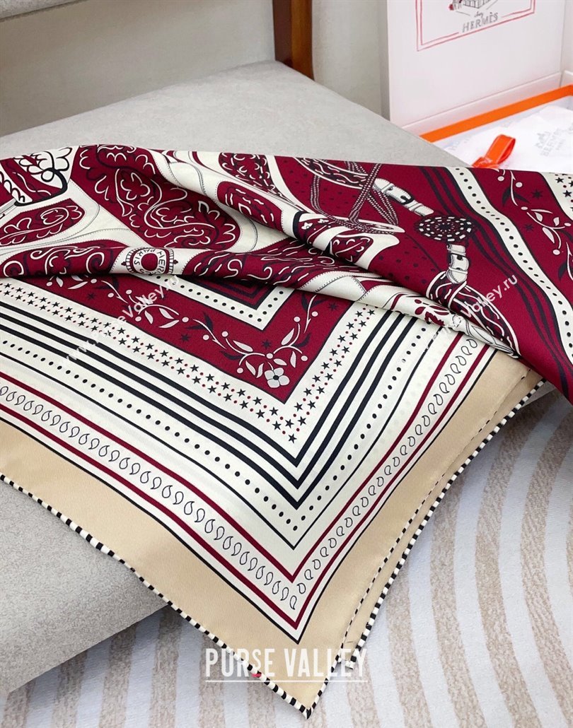 Hermes Festival des Amazones Bandana Silk Square Scarf 90x90cm Burgundy 2025 (SHI-250319089)