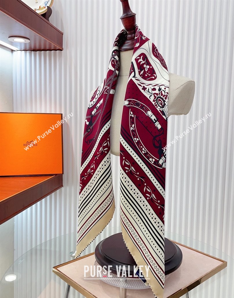 Hermes Festival des Amazones Bandana Silk Square Scarf 90x90cm Burgundy 2025 (SHI-250319089)