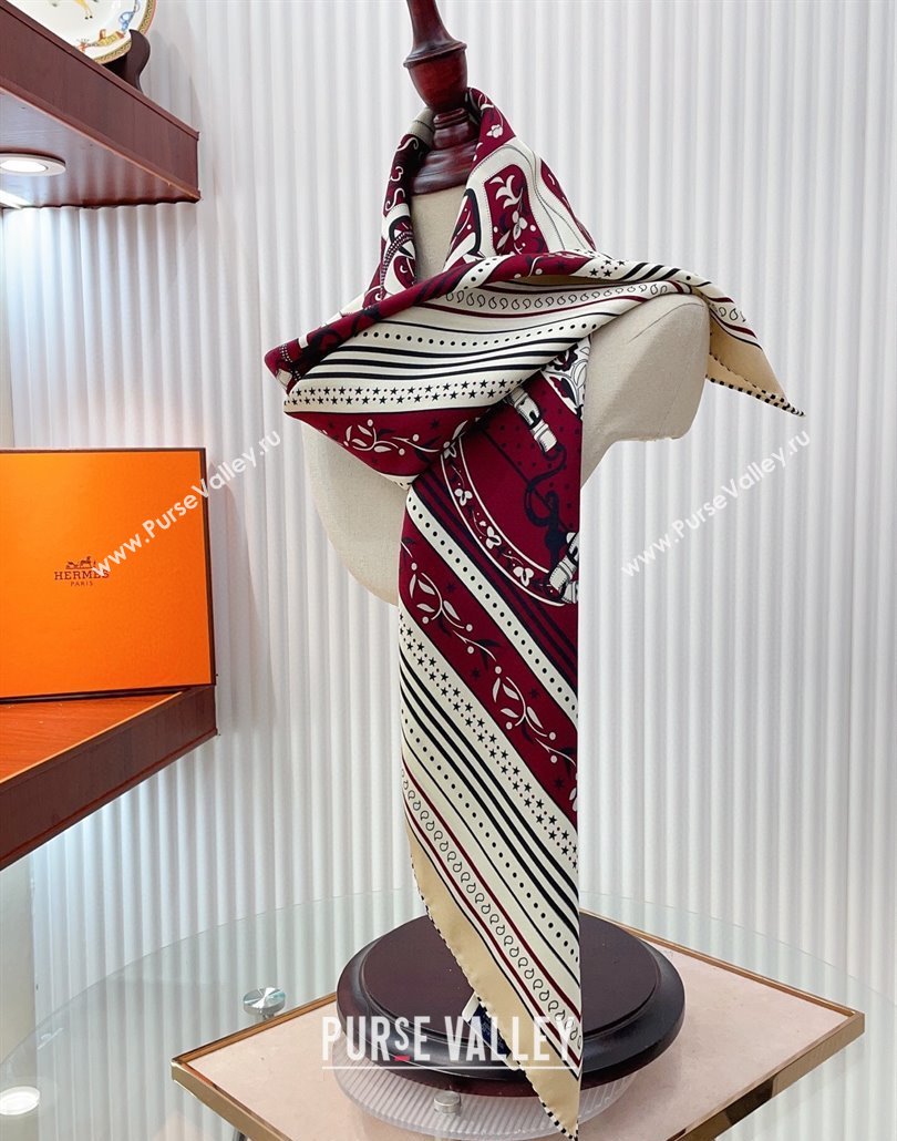 Hermes Festival des Amazones Bandana Silk Square Scarf 90x90cm Burgundy 2025 (SHI-250319089)