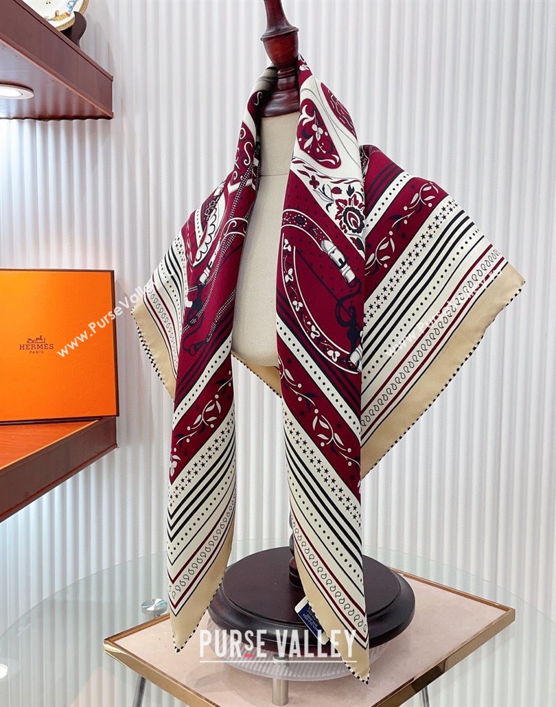 Hermes Festival des Amazones Bandana Silk Square Scarf 90x90cm Burgundy 2025 (SHI-250319089)
