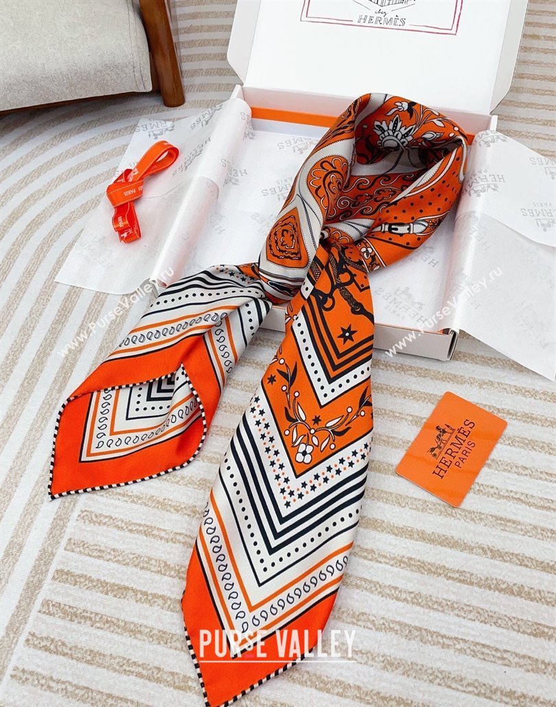Hermes Festival des Amazones Bandana Silk Square Scarf 90x90cm Orange 2025 (SHI-250319090)