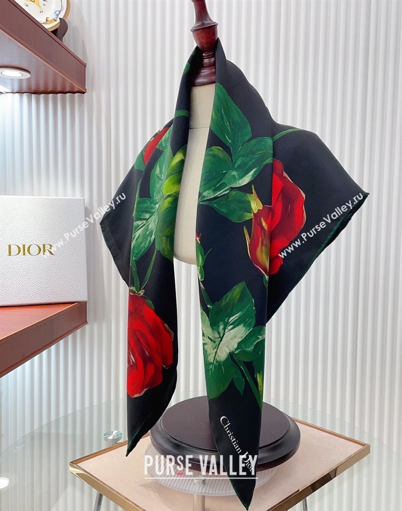 Louis Vuitton Rose Printed Silk Square Scarf 90x90cm Black 2025 (SHI-250319114)