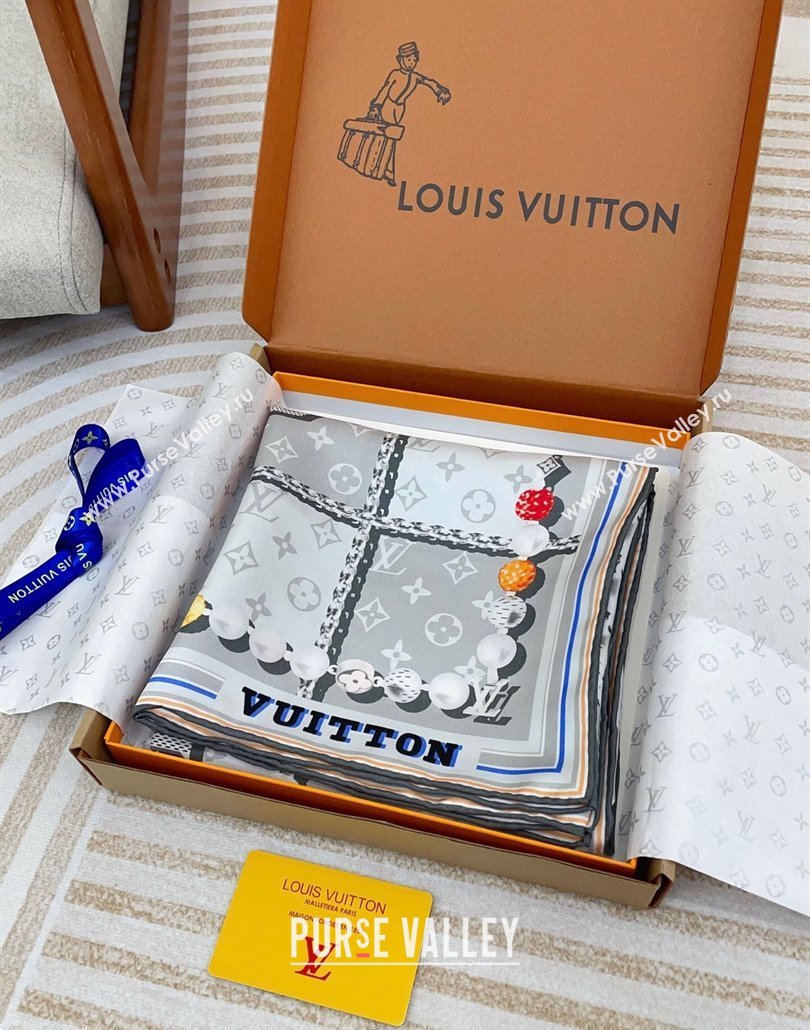 Louis Vuitton Dandy Monogram Silk Square Scarf 90x90cm Light Grey 2025 (SHI-250319115)