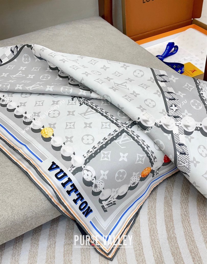 Louis Vuitton Dandy Monogram Silk Square Scarf 90x90cm Light Grey 2025 (SHI-250319115)