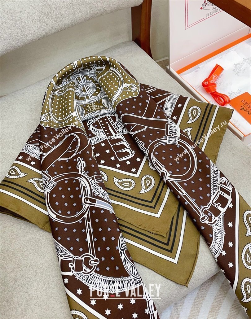 Hermes Eperon dOr bandana Silk Square Scarf 90x90cm Olive 2025 (SHI-250319087)