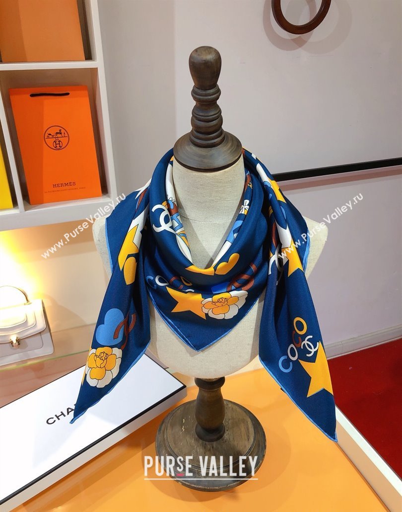 Chanel Coco Silk Square Scarf 90x90cm Blue 2025 CH031909 (SHI-250319100)