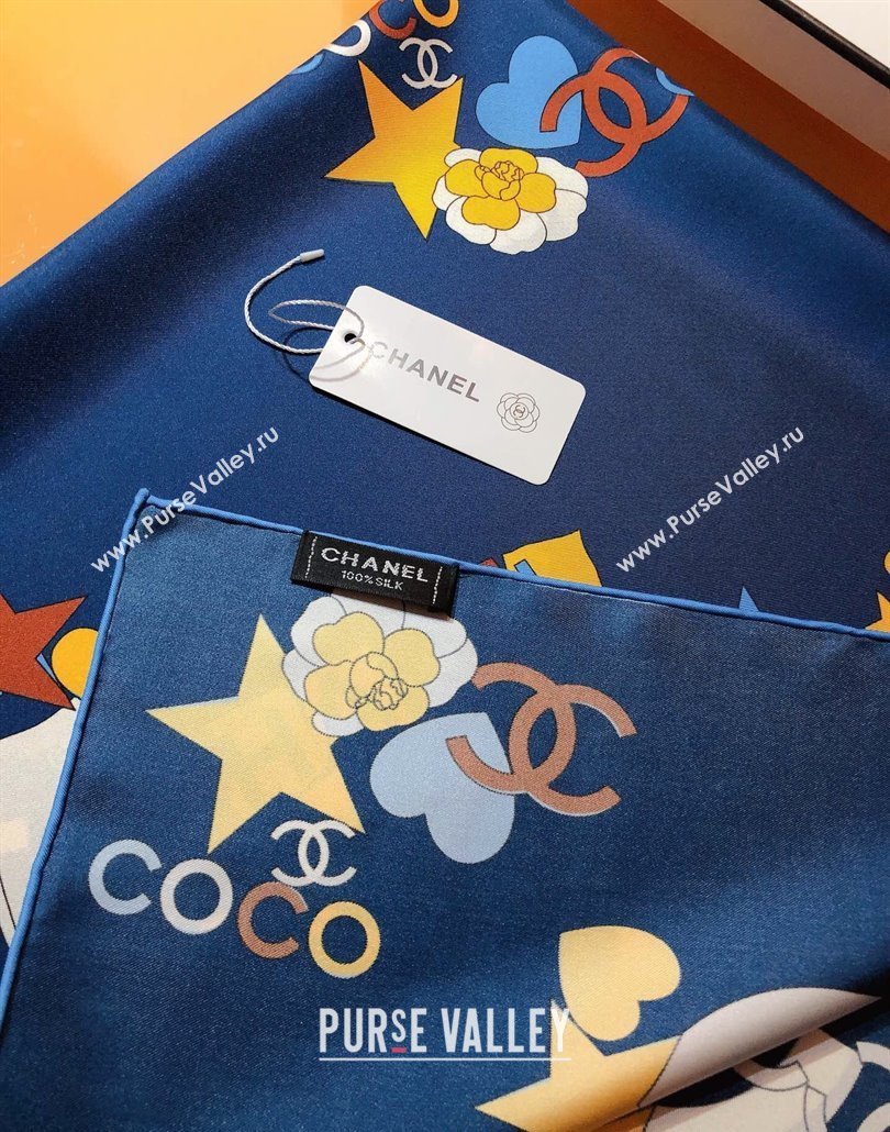 Chanel Coco Silk Square Scarf 90x90cm Blue 2025 CH031909 (SHI-250319100)