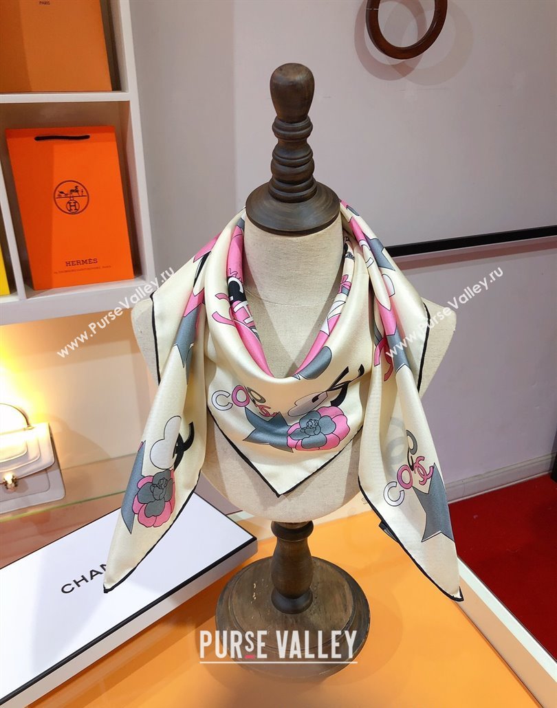 Chanel Coco Silk Square Scarf 90x90cm White 2025 CH031909 (SHI-250319101)