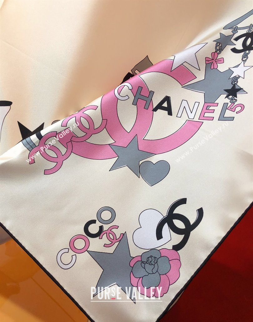 Chanel Coco Silk Square Scarf 90x90cm White 2025 CH031909 (SHI-250319101)