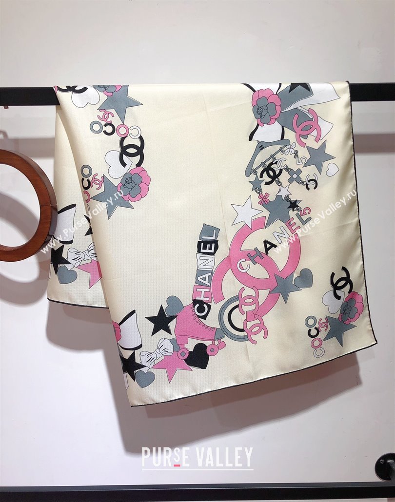 Chanel Coco Silk Square Scarf 90x90cm White 2025 CH031909 (SHI-250319101)