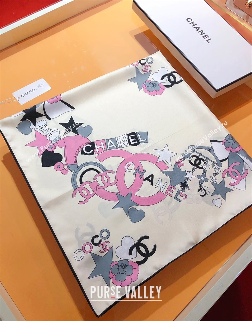 Chanel Coco Silk Square Scarf 90x90cm White 2025 CH031909 (SHI-250319101)