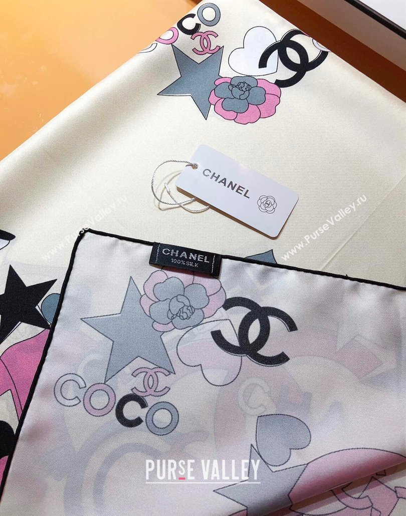 Chanel Coco Silk Square Scarf 90x90cm White 2025 CH031909 (SHI-250319101)