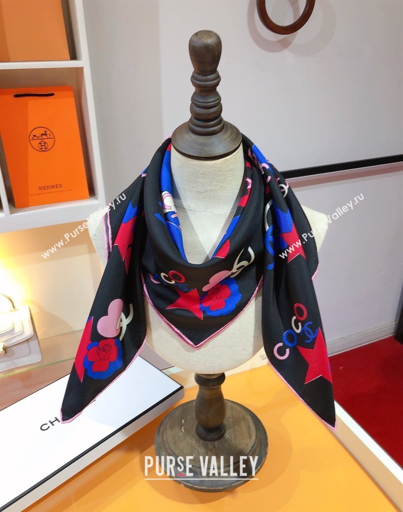 Chanel Coco Silk Square Scarf 90x90cm Black 2025 CH031909 (SHI-250319102)