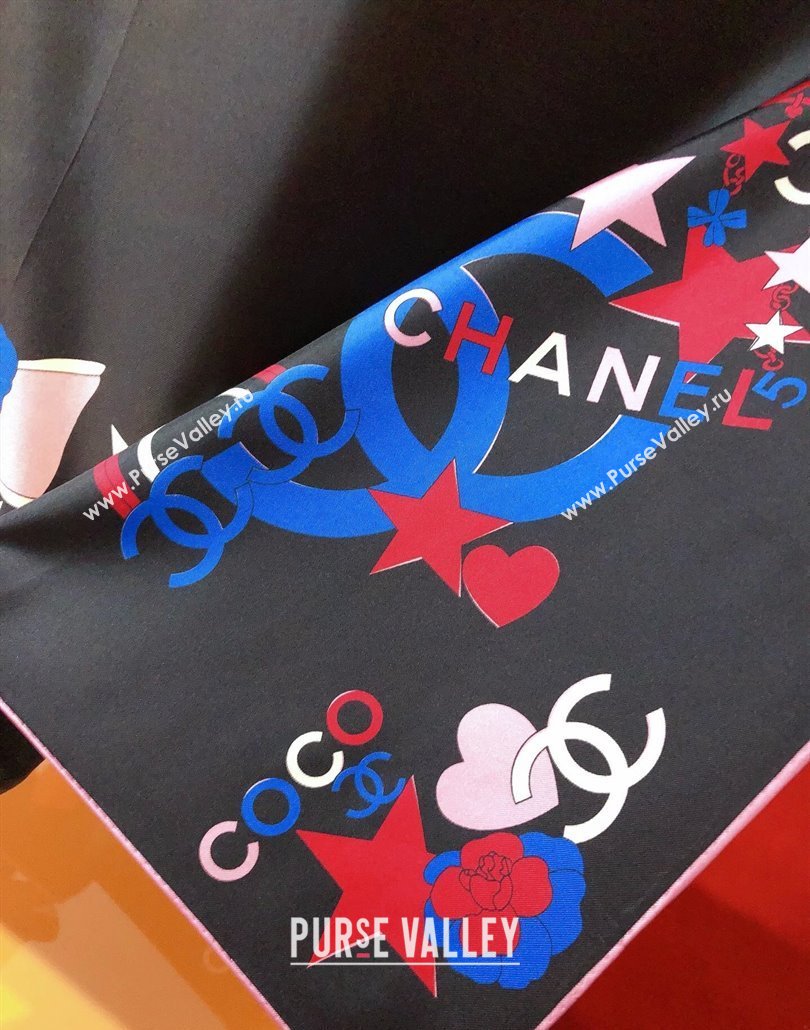 Chanel Coco Silk Square Scarf 90x90cm Black 2025 CH031909 (SHI-250319102)