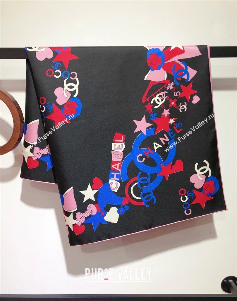 Chanel Coco Silk Square Scarf 90x90cm Black 2025 CH031909 (SHI-250319102)