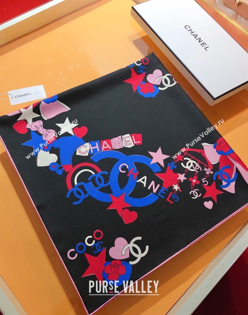 Chanel Coco Silk Square Scarf 90x90cm Black 2025 CH031909 (SHI-250319102)