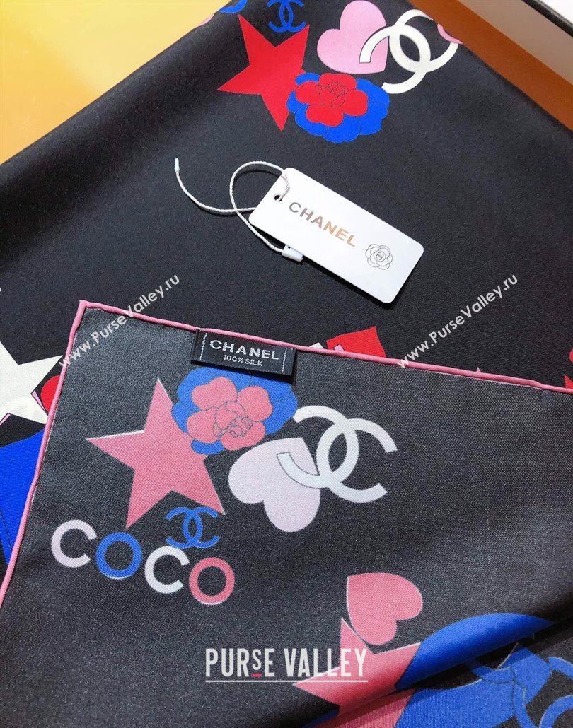 Chanel Coco Silk Square Scarf 90x90cm Black 2025 CH031909 (SHI-250319102)