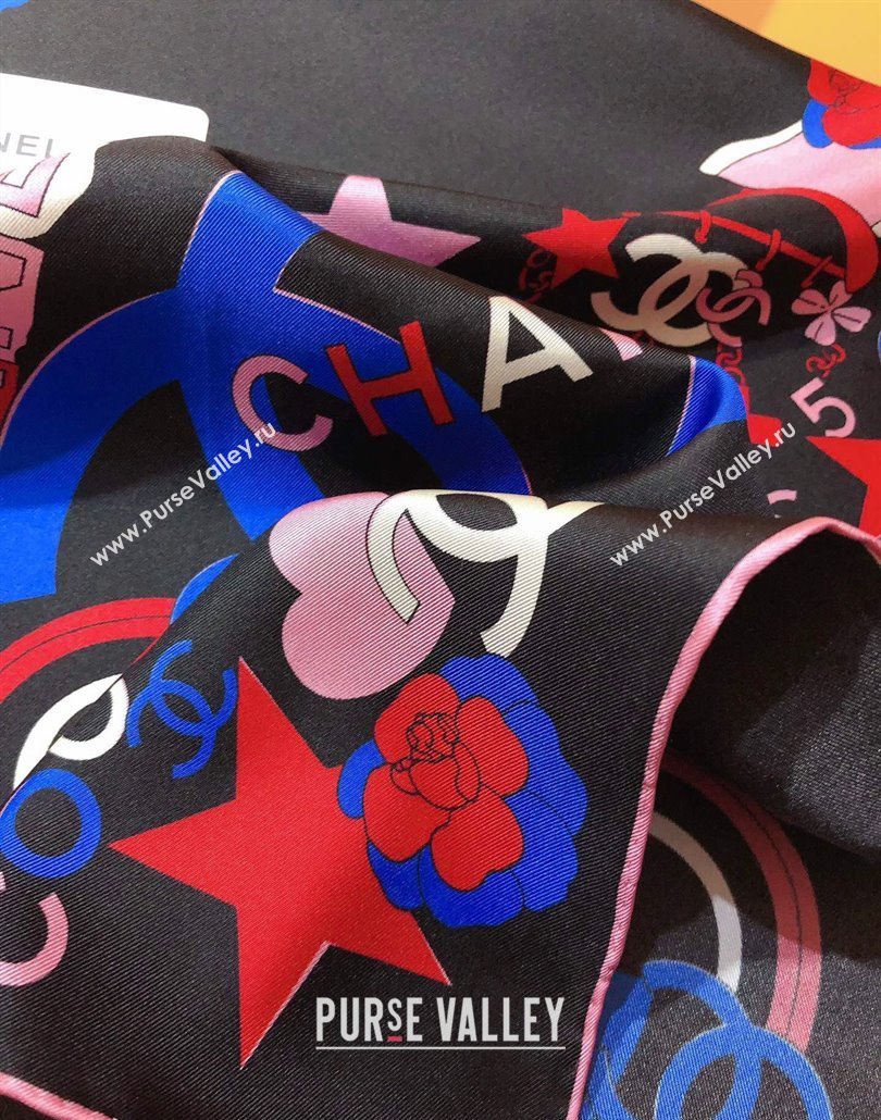 Chanel Coco Silk Square Scarf 90x90cm Black 2025 CH031909 (SHI-250319102)