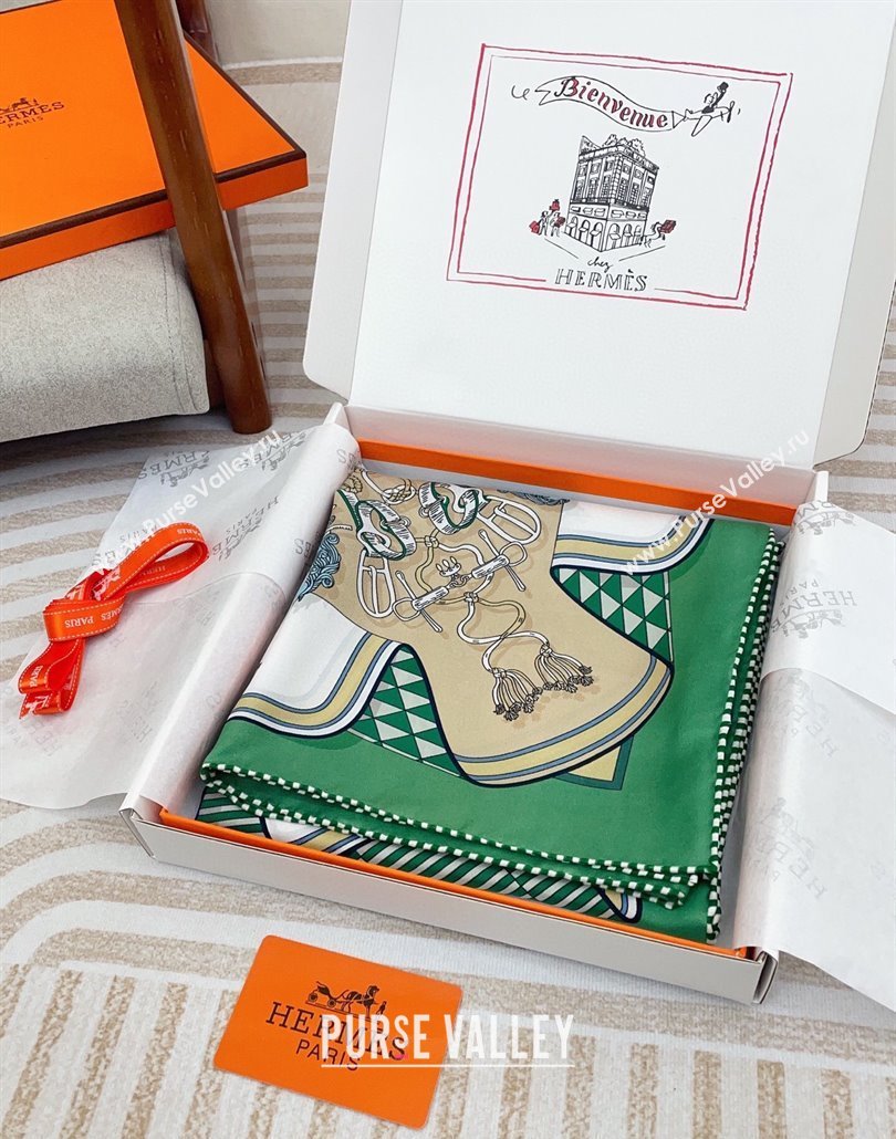 Hermes Bouquets Sellier Silk Square Scarf 90x90cm Green 2025 (SHI-250319084)