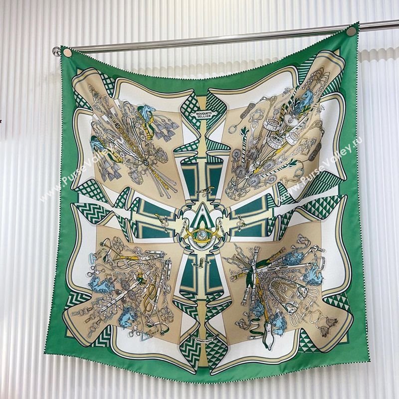 Hermes Bouquets Sellier Silk Square Scarf 90x90cm Green 2025 (SHI-250319084)