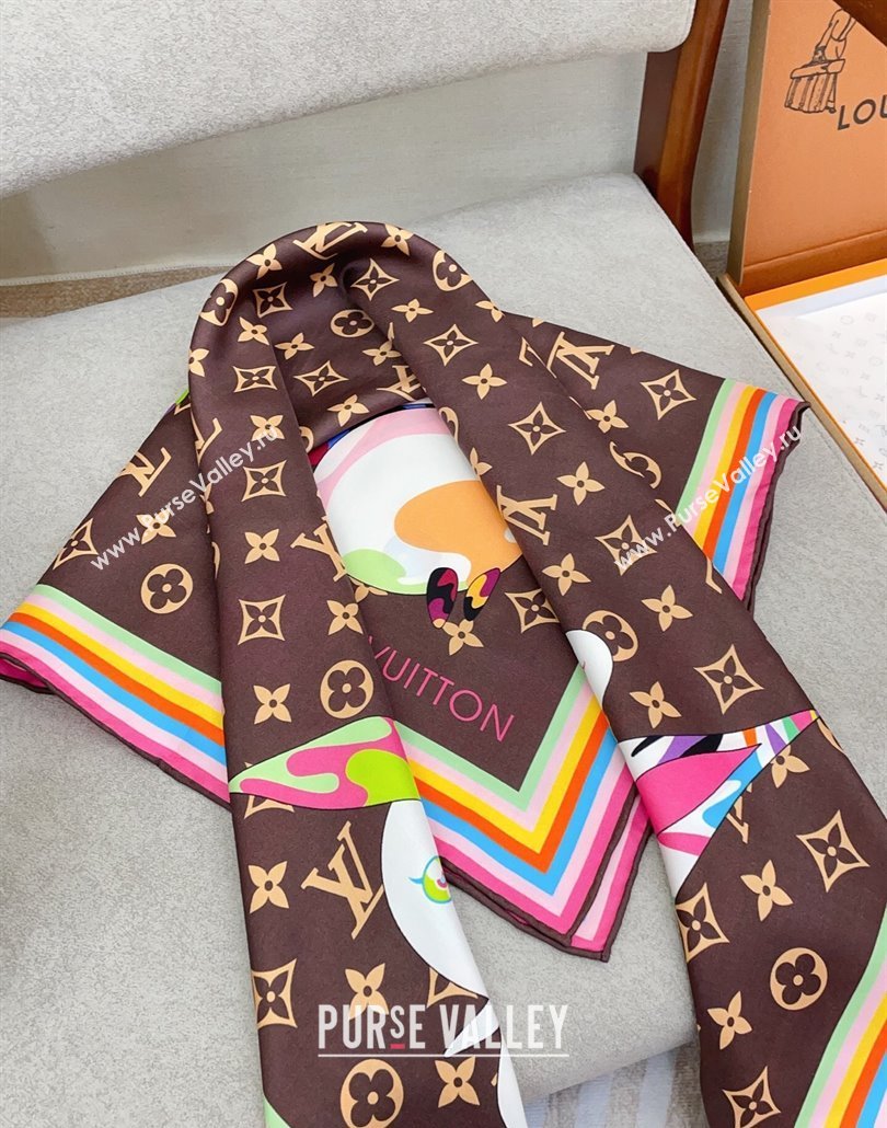 Louis Vuitton LV x TM Monogram Superflat Characters Silk Square Scarf 90x90cm Brown 2025 (SHI-250319118)
