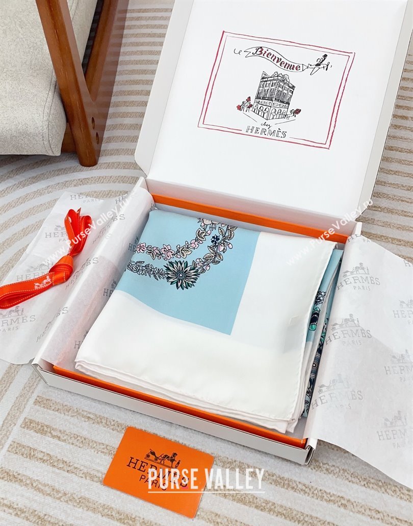 Hermes Brides de Gala en Fleurs Silk Square Scarf 90x90cm White/Blue 2025 (SHI-250319073)