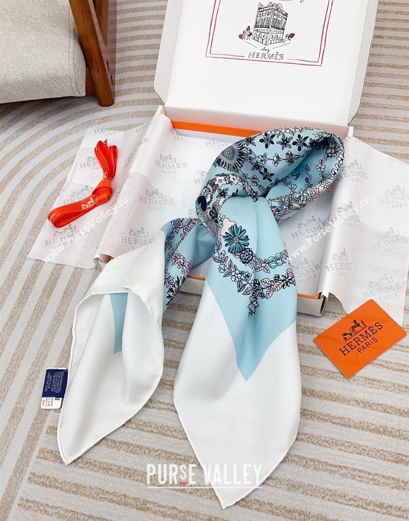 Hermes Brides de Gala en Fleurs Silk Square Scarf 90x90cm White/Blue 2025 (SHI-250319073)