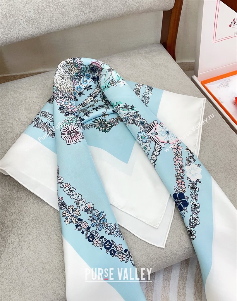 Hermes Brides de Gala en Fleurs Silk Square Scarf 90x90cm White/Blue 2025 (SHI-250319073)