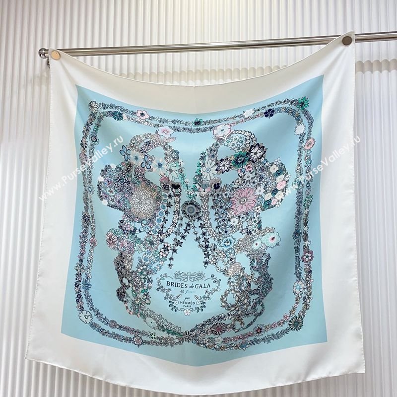Hermes Brides de Gala en Fleurs Silk Square Scarf 90x90cm White/Blue 2025 (SHI-250319073)