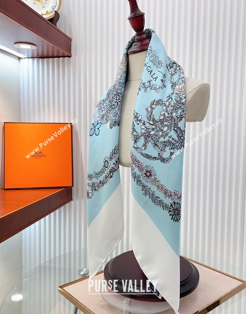 Hermes Brides de Gala en Fleurs Silk Square Scarf 90x90cm White/Blue 2025 (SHI-250319073)